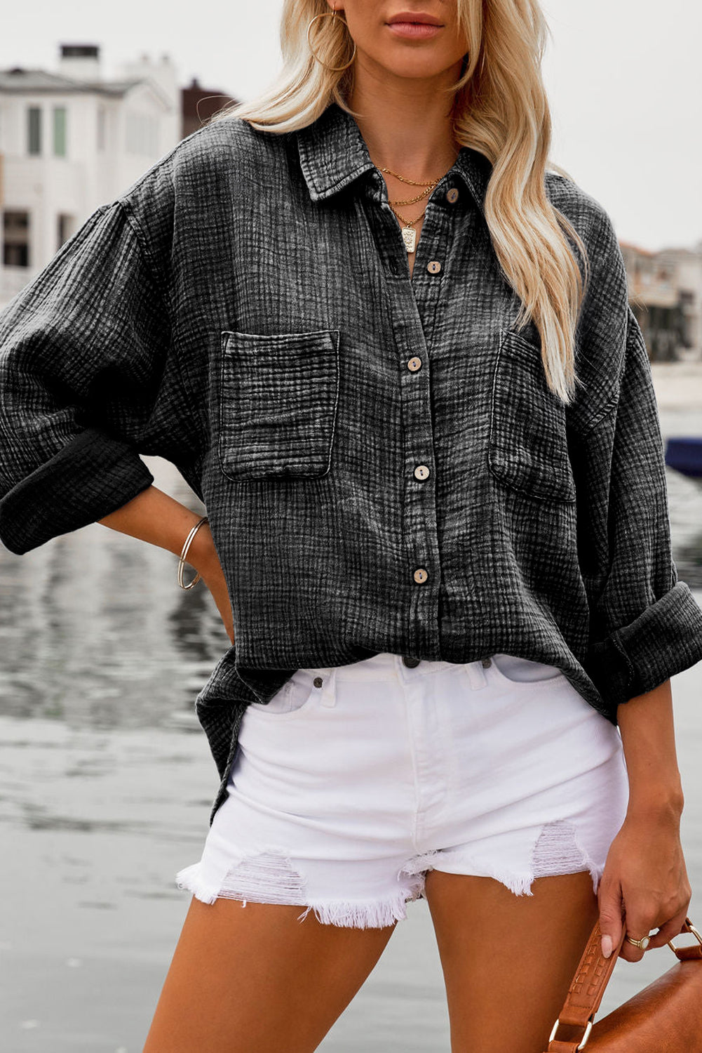 Mineral Wash Crinkle Textured Chest Pockets Shirt