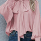 Frilled Knotted Mock Neck Bishop Sleeve Blouse