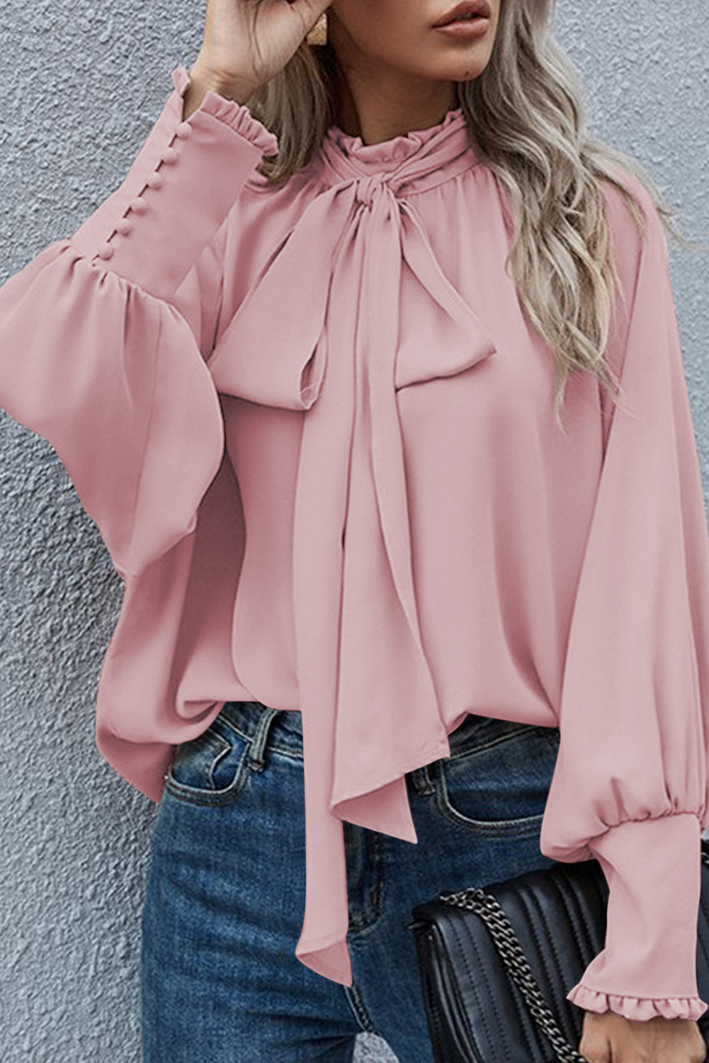 Frilled Knotted Mock Neck Bishop Sleeve Blouse