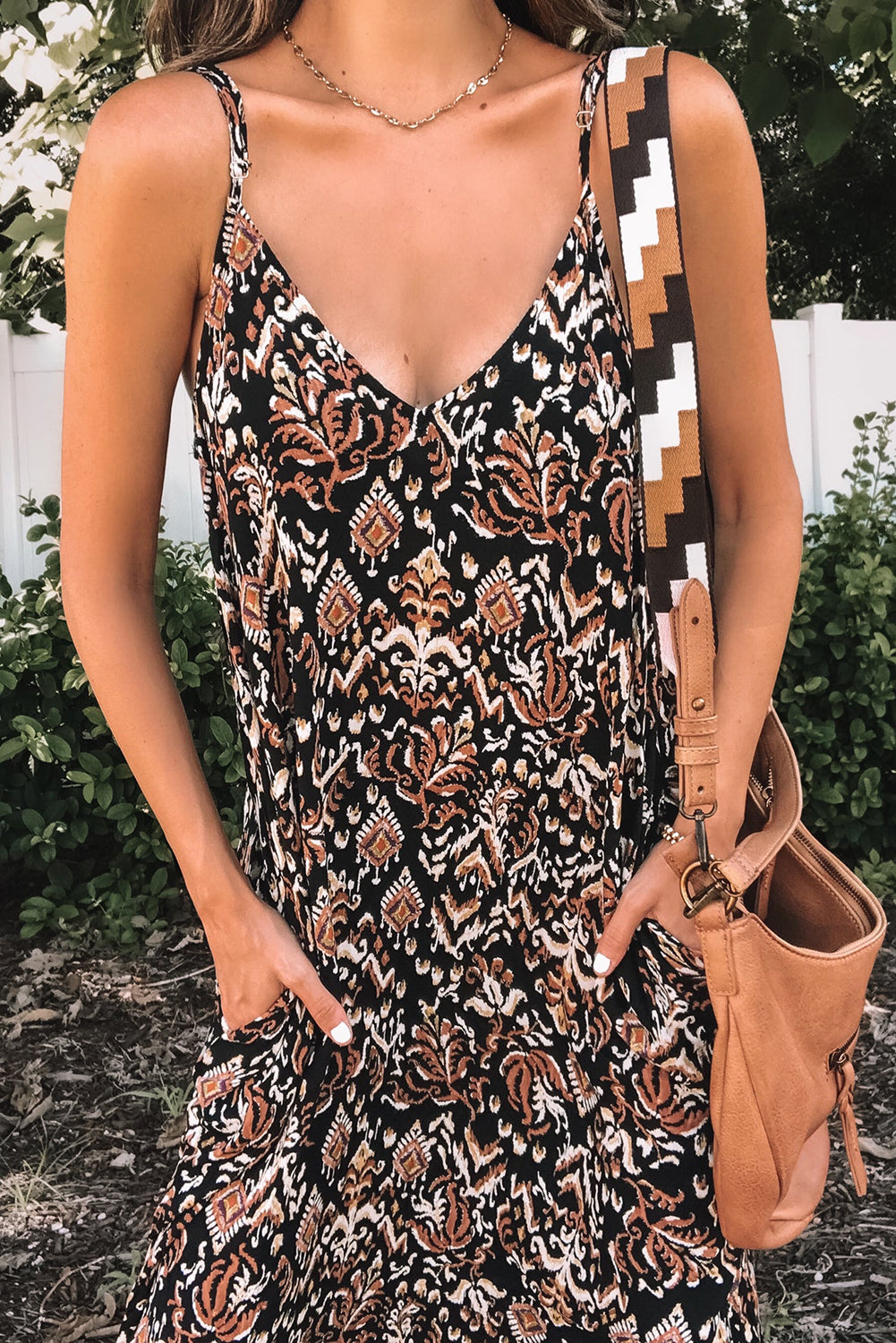 Boho Retro Printed Spaghetti Strap V Neck Maxi Dress