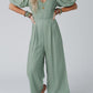 Green V Neck Puff Sleeve Hollow out Wide Leg Jumpsuit