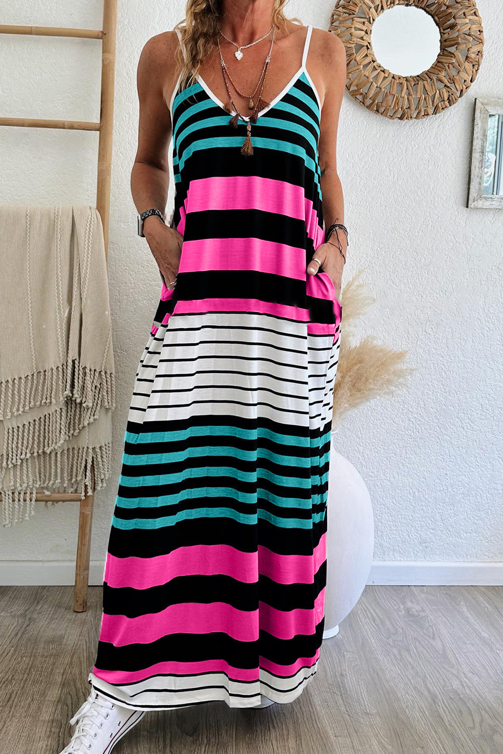 Mixed Stripes Spaghetti Straps V Neck Maxi Dress