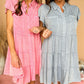 Mineral Washed Ruffle Sleeve Tiered Chambray Dress