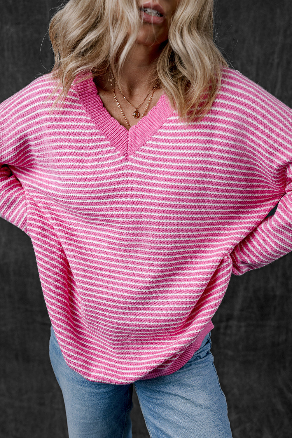 Striped Scallop V Neck Loose Sweater with Slits