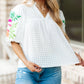 Floral Embroidered Puff Sleeve Notched Neck Blouse
