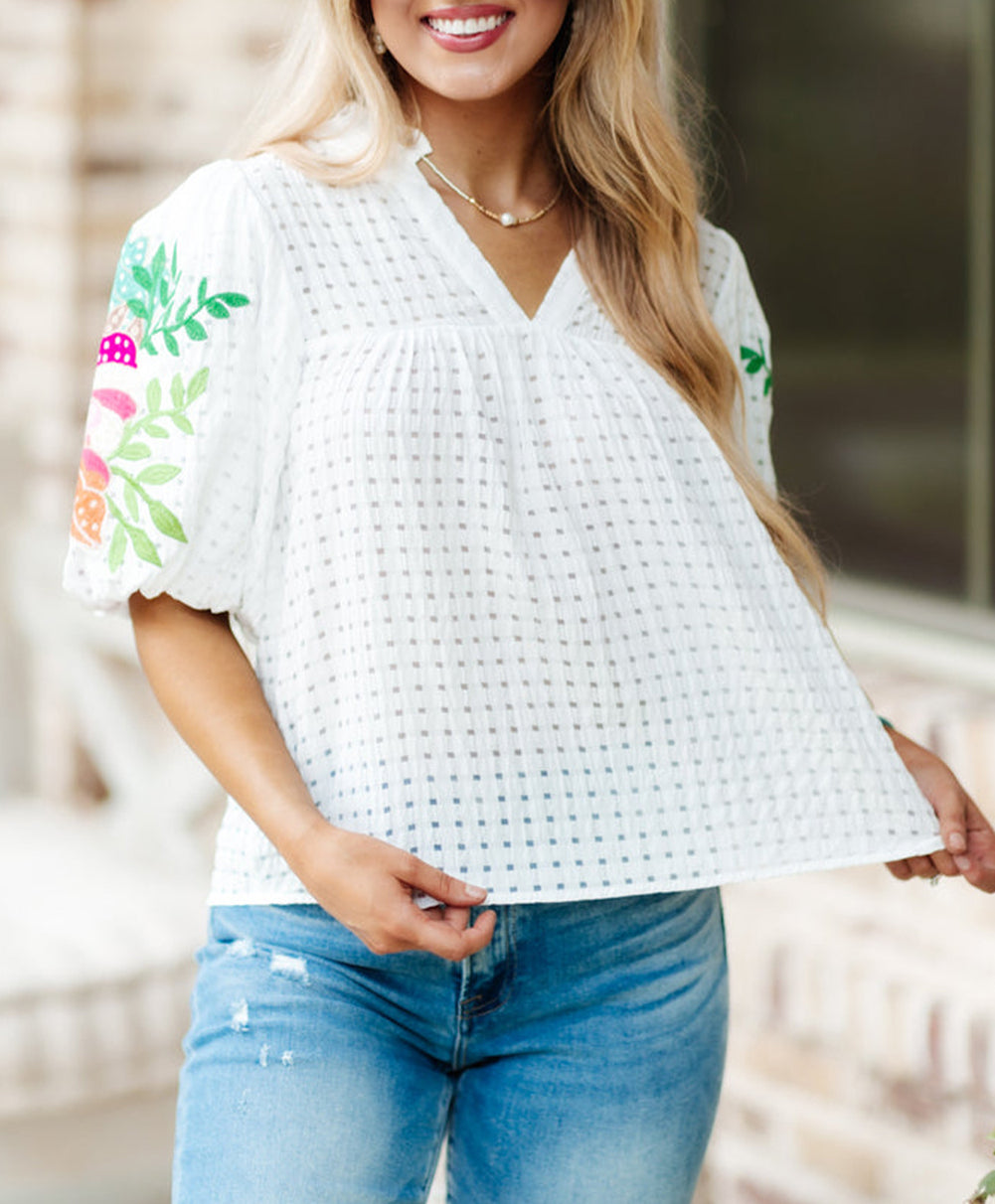 Floral Embroidered Puff Sleeve Notched Neck Blouse