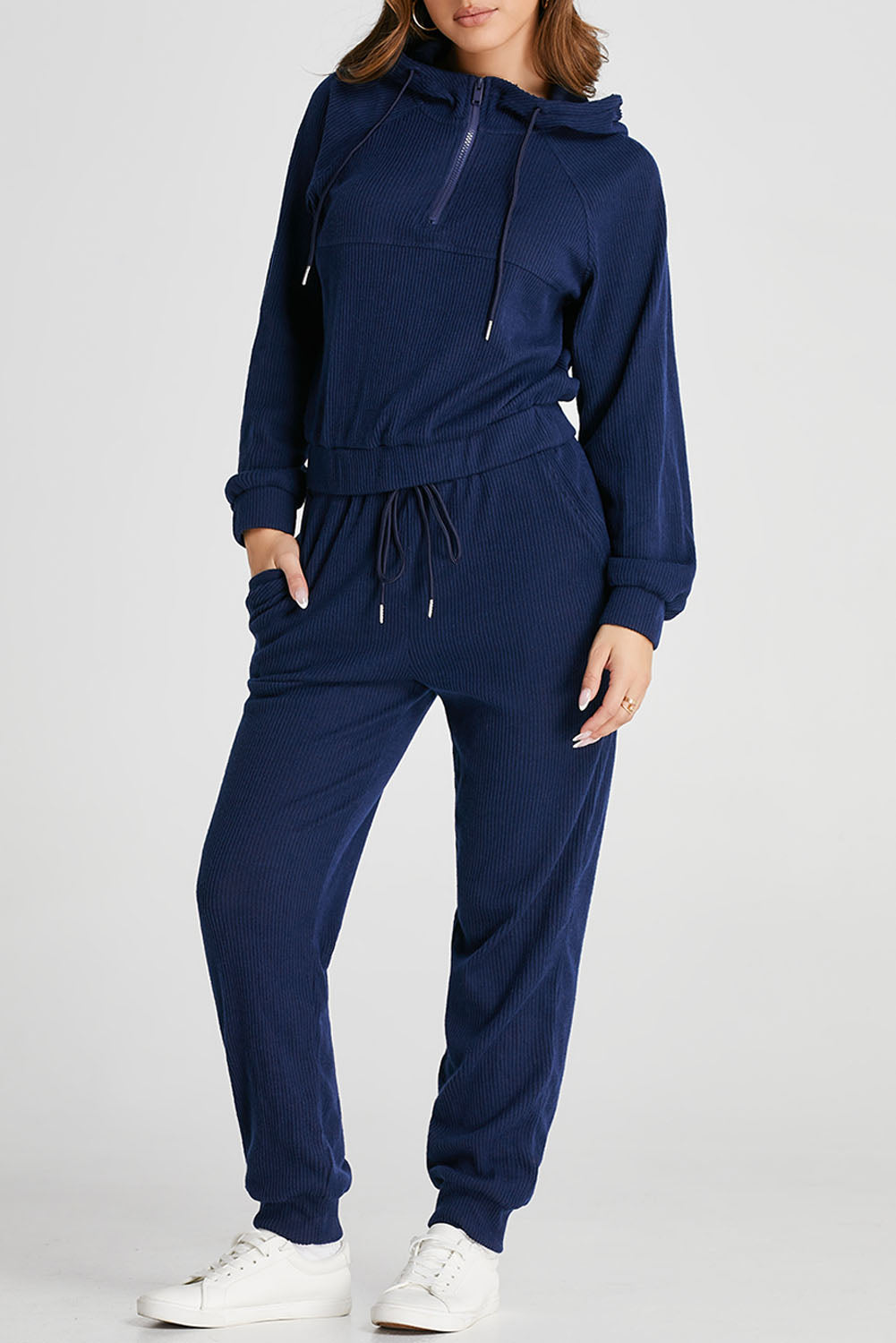 Ribbed Knit Cropped Hoodie and Drawstring Joggers Set