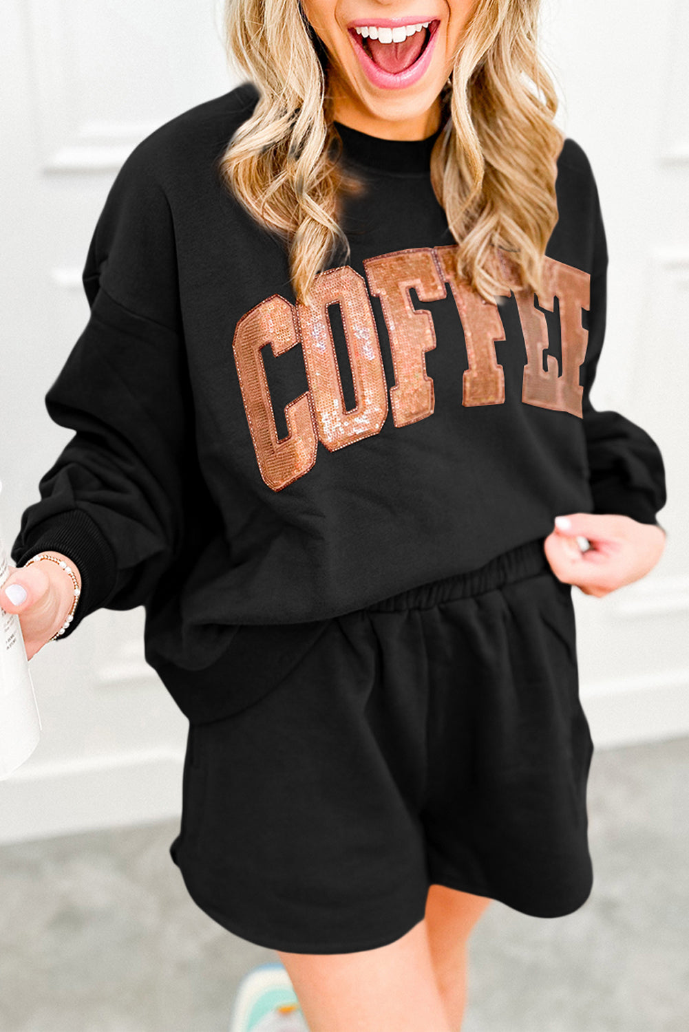 COFFEE Loose Fit Sweatshirt and Shorts Set