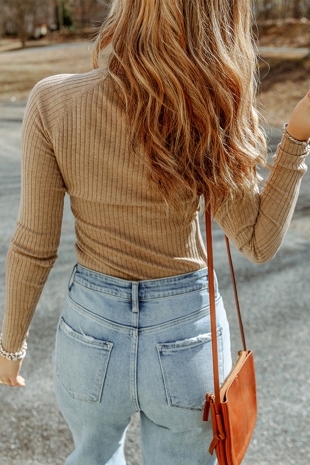 Ribbed Knit Round Neck Long Sleeve Sweater