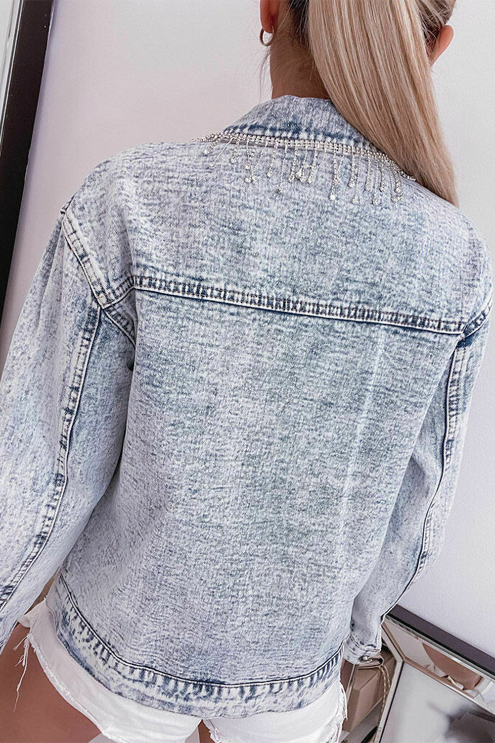 Retro Rhinestone Fringed Collar Light Wash Denim Jacket