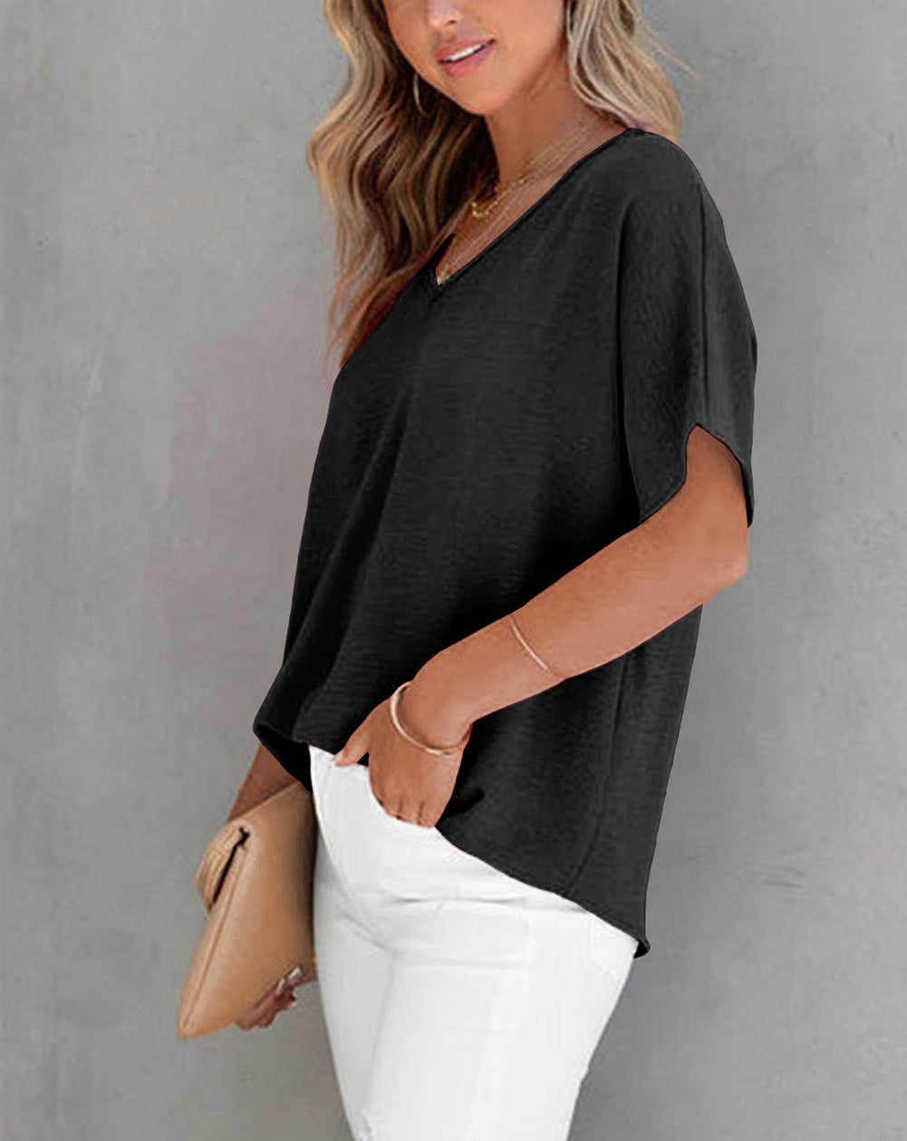 Solid V Neck Short Sleeve Blouse