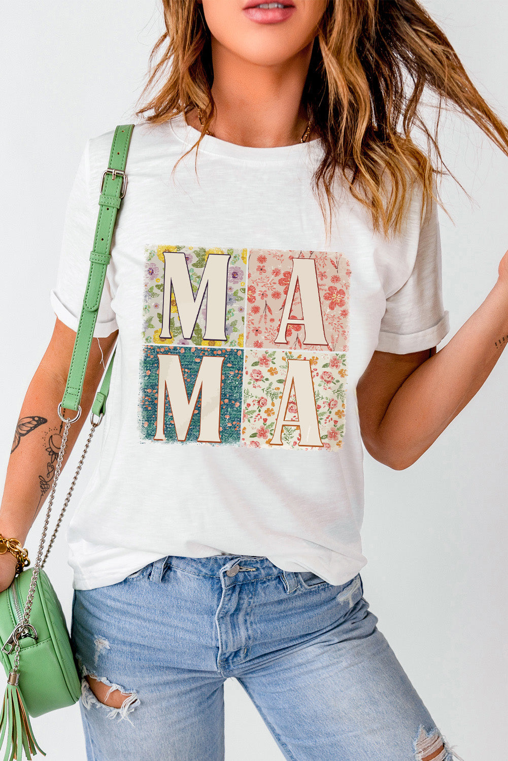 MAMA Floral Block Graphic Casual T Shirt