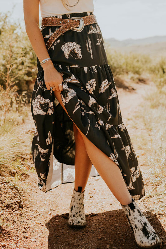 Western Print Tiered Ruffled High Waist Maxi Skirt