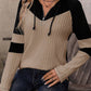 Textured Colorblock Long Sleeve Quarter Zip Drawstring Hooded Top