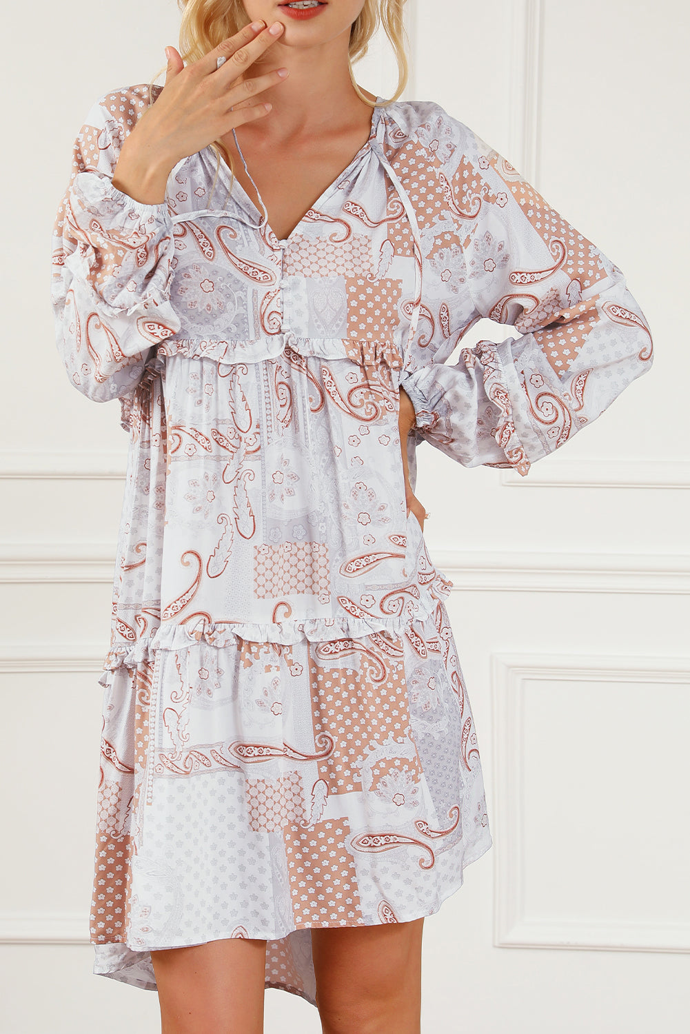 Boho Print Long Sleeve Tiered Frilled Mini Dress