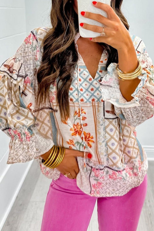 Floral Patched Ruffled Sleeve Tied Neck Blouse