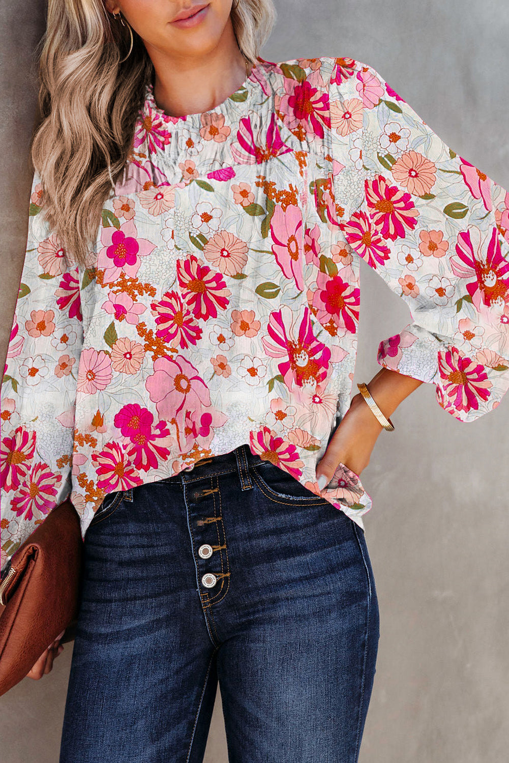 Floral Frilled Neckline Puff Sleeve Blouse