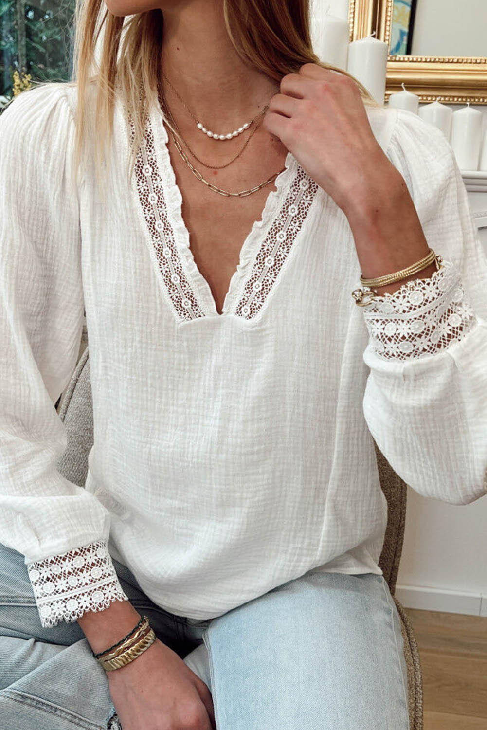 Lace Patchwork Textured Blouse