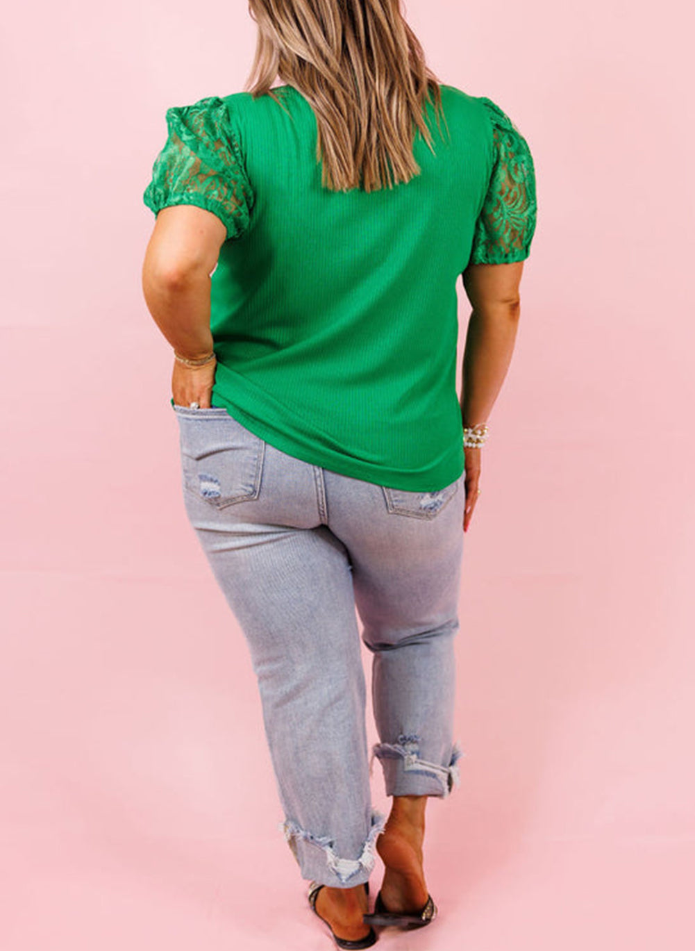 Ribbed Lace Patchwork Puff Sleeve Plus Size Blouse