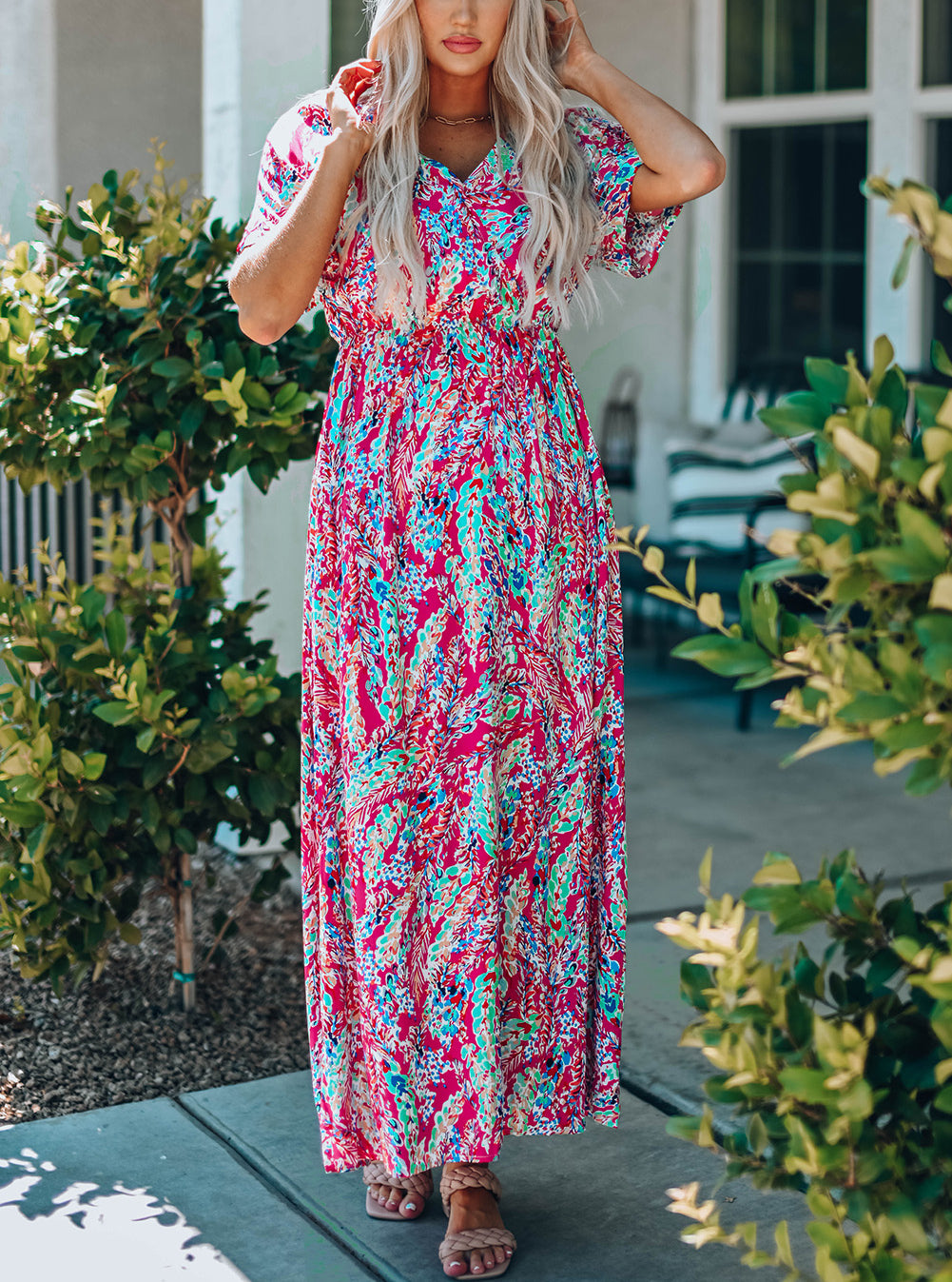 Wrap V Neck Floral Maxi Dress