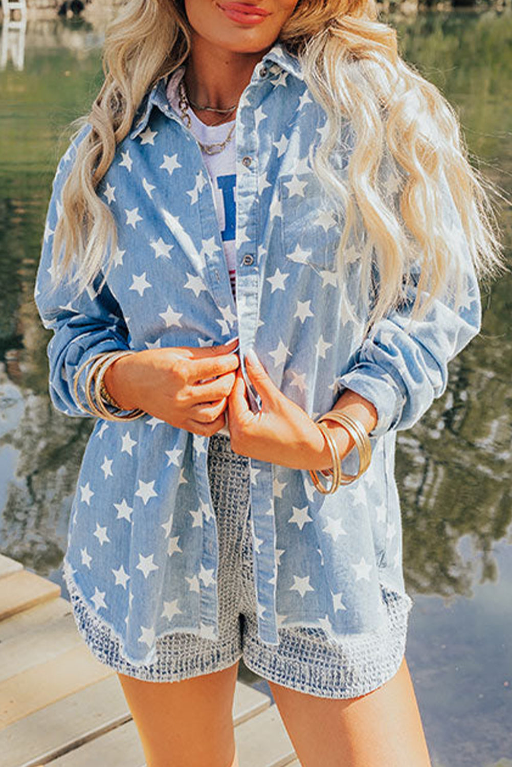 Star Print Light Wash Raw Hem Denim Jacket