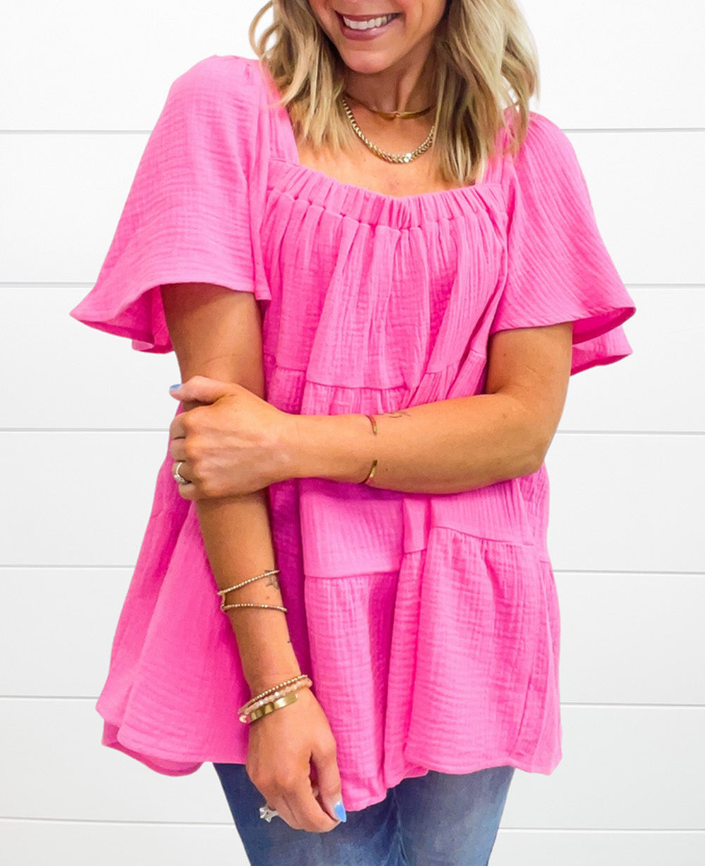 Textured Square Neck Flutter Sleeve Tiered Flowy Blouse
