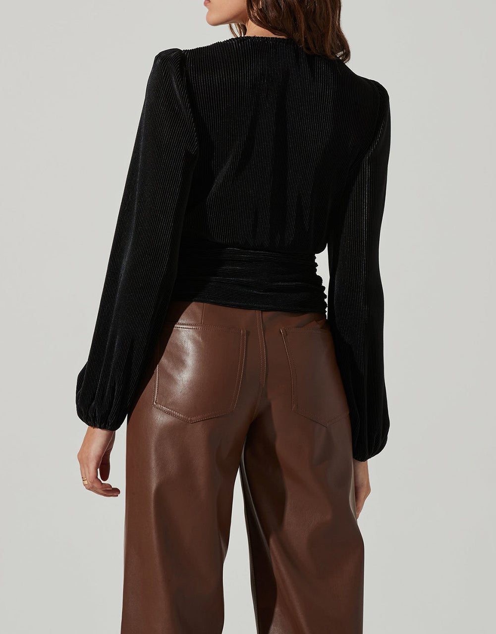 Pleated Drawstring Cinched Waist Bubble Sleeve Top