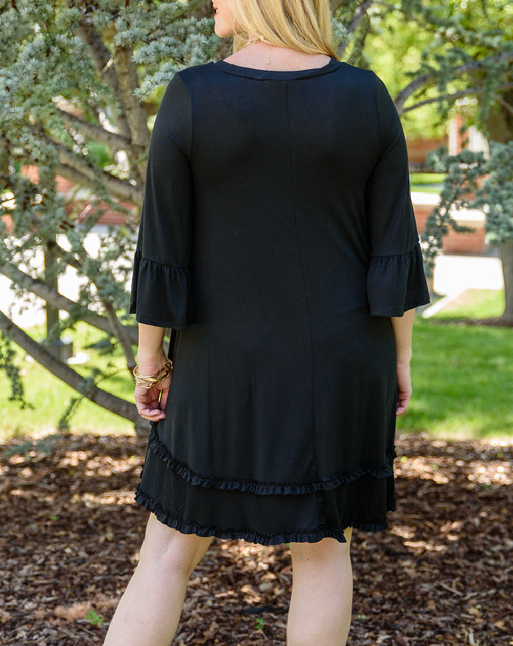 Plus Size Ruffled Trim 3/4 Sleeve Dress