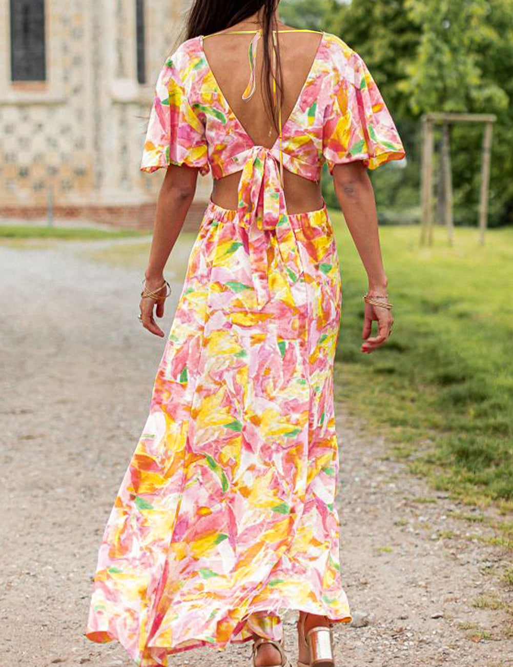 Bohemian Flutter Sleeve Cut out Floral Maxi Dress