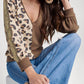Leopard Splicing Waffle Knit V Neck Top
