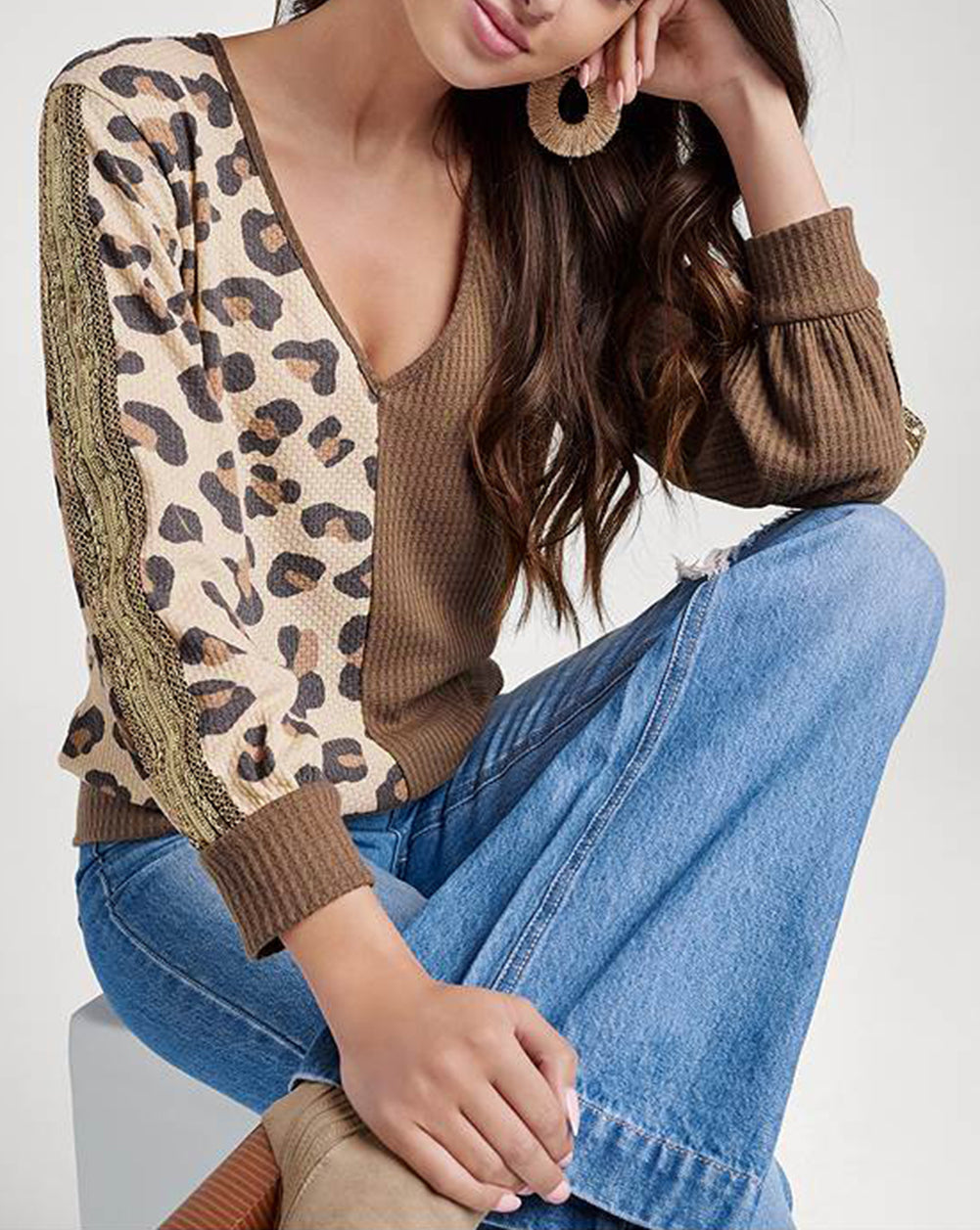 Leopard Splicing Waffle Knit V Neck Top