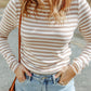 Striped Print Textured Knit Long Sleeve Tee