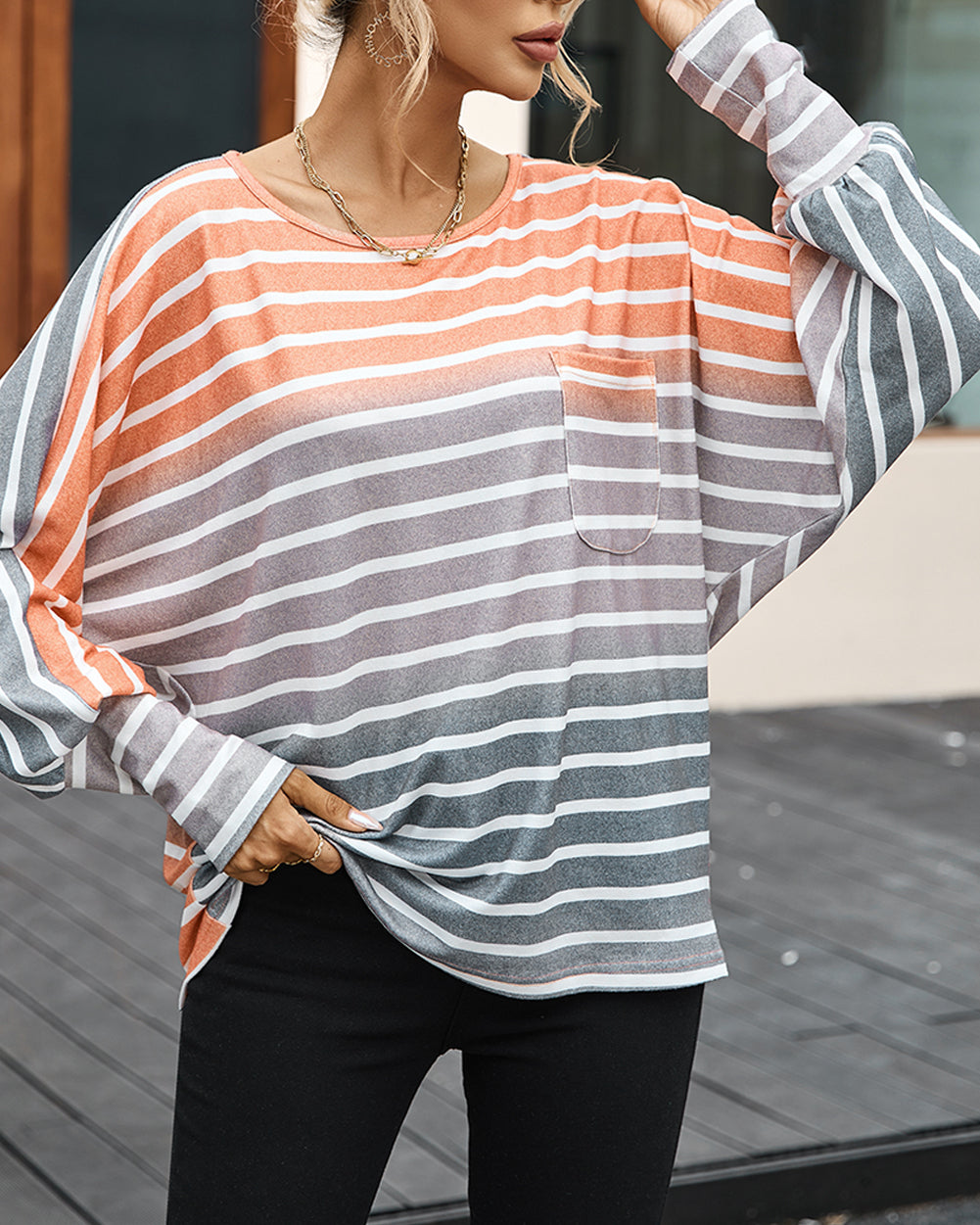 Gradient Chest Pocket Long Sleeve Top