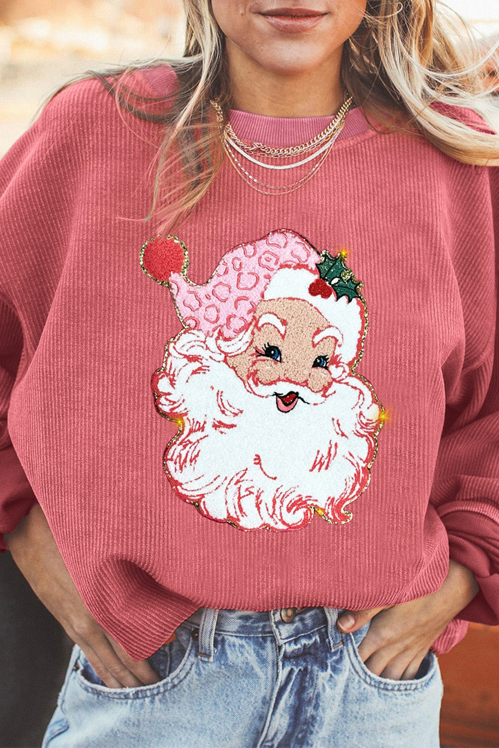 Santa Claus Sparkle Corded Crew Neck Sweatshirt