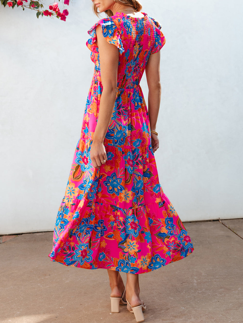 Boho Floral V Neck Ruffle Tiered Long Dress
