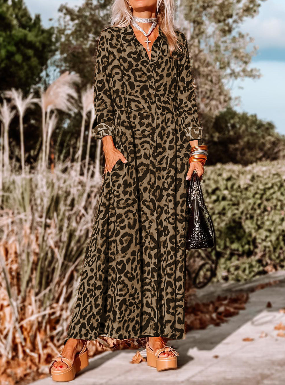 Leopard Button-Up Long Sleeve Maxi Dress