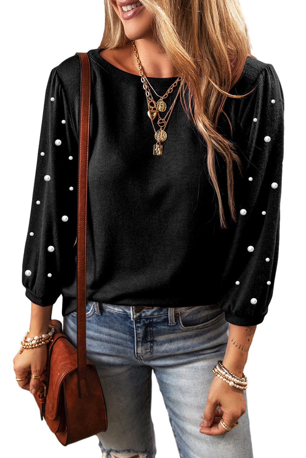 Pearl Decor 3/4 Sleeve Crew Neck T Shirt