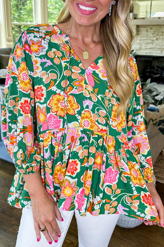 Floral Puff Sleeve V Neck Peplum Blouse