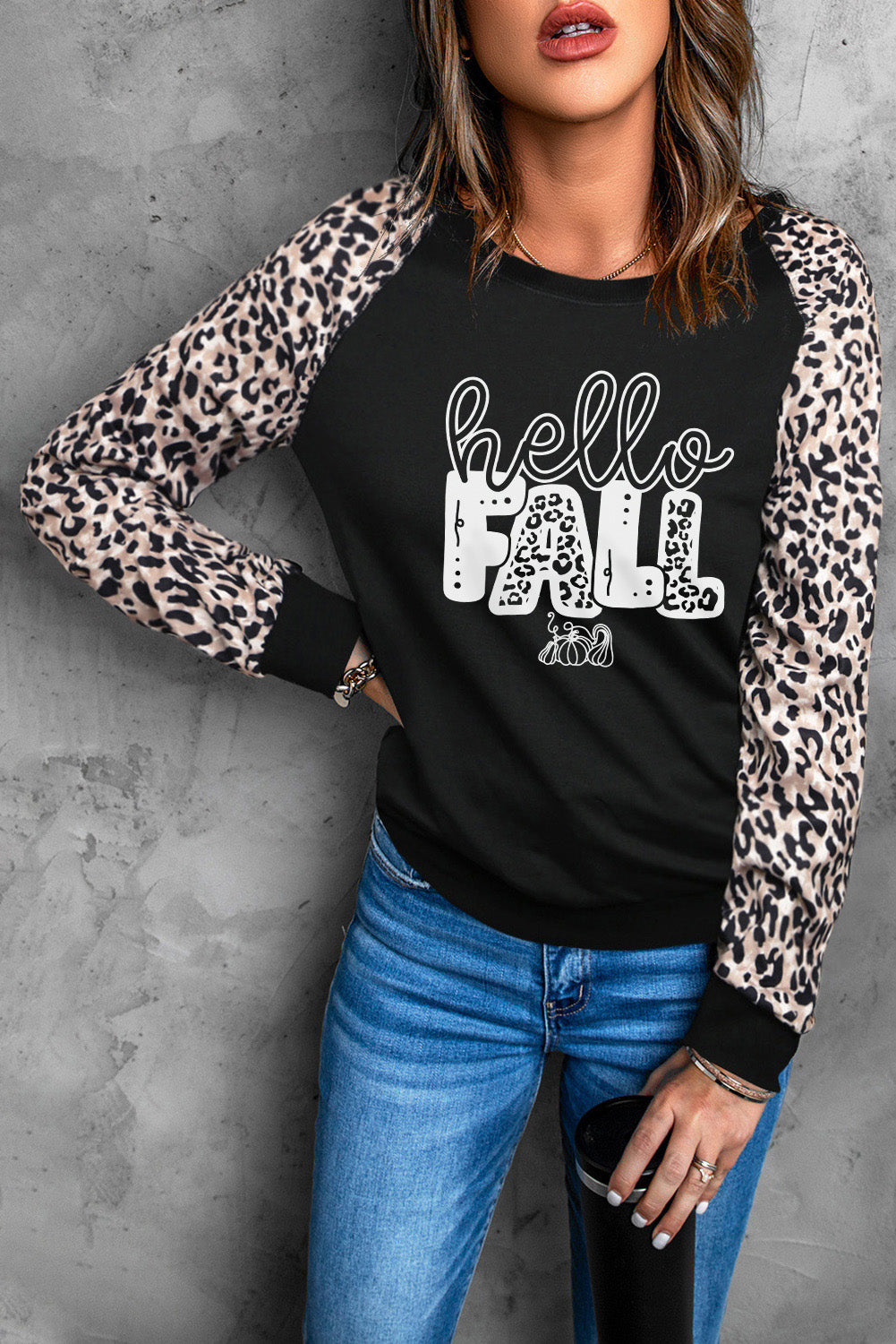 Hello Fall Leopard Patchwork Long Sleeve T Shirt