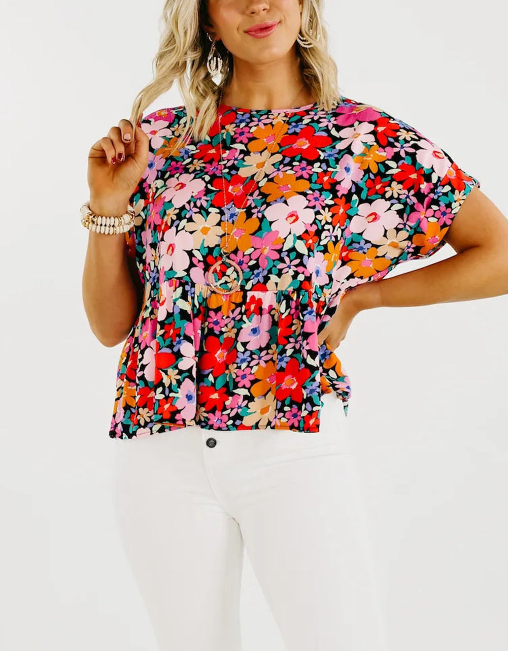 Floral Ruffle Peplum Short Sleeves Blouse