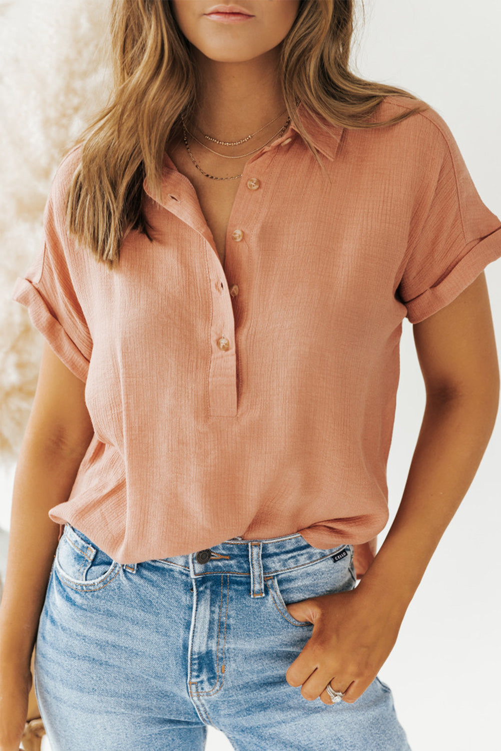 Crinkle Roll Short Sleeve Henley Button Blouse