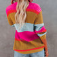 Color Block Knitted Buttoned V Neck Sweater