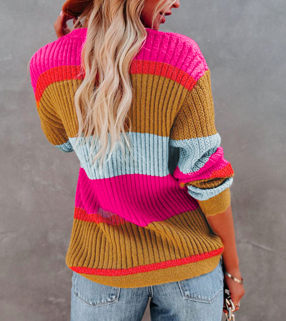 Color Block Knitted Buttoned V Neck Sweater