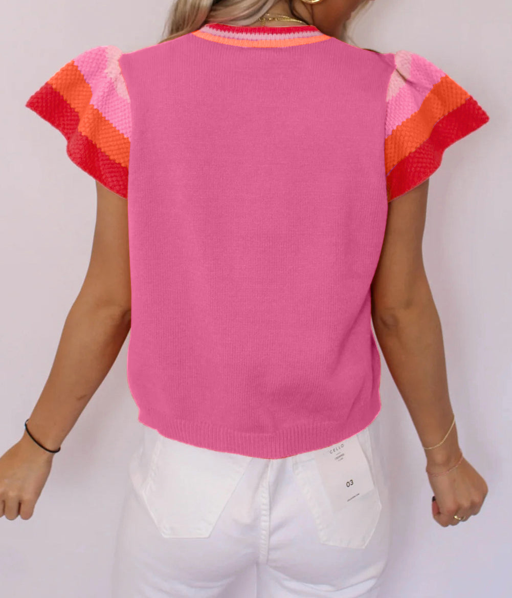 Contrast Flutter Sleeves Knitted Sweater T Shirt