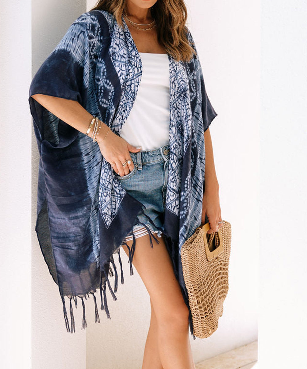 Blue Tie Dye Short Sleeves Tassels Kimono