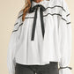 Ribbon Bowtie Collared Ruffled Puff Sleeve Shirt