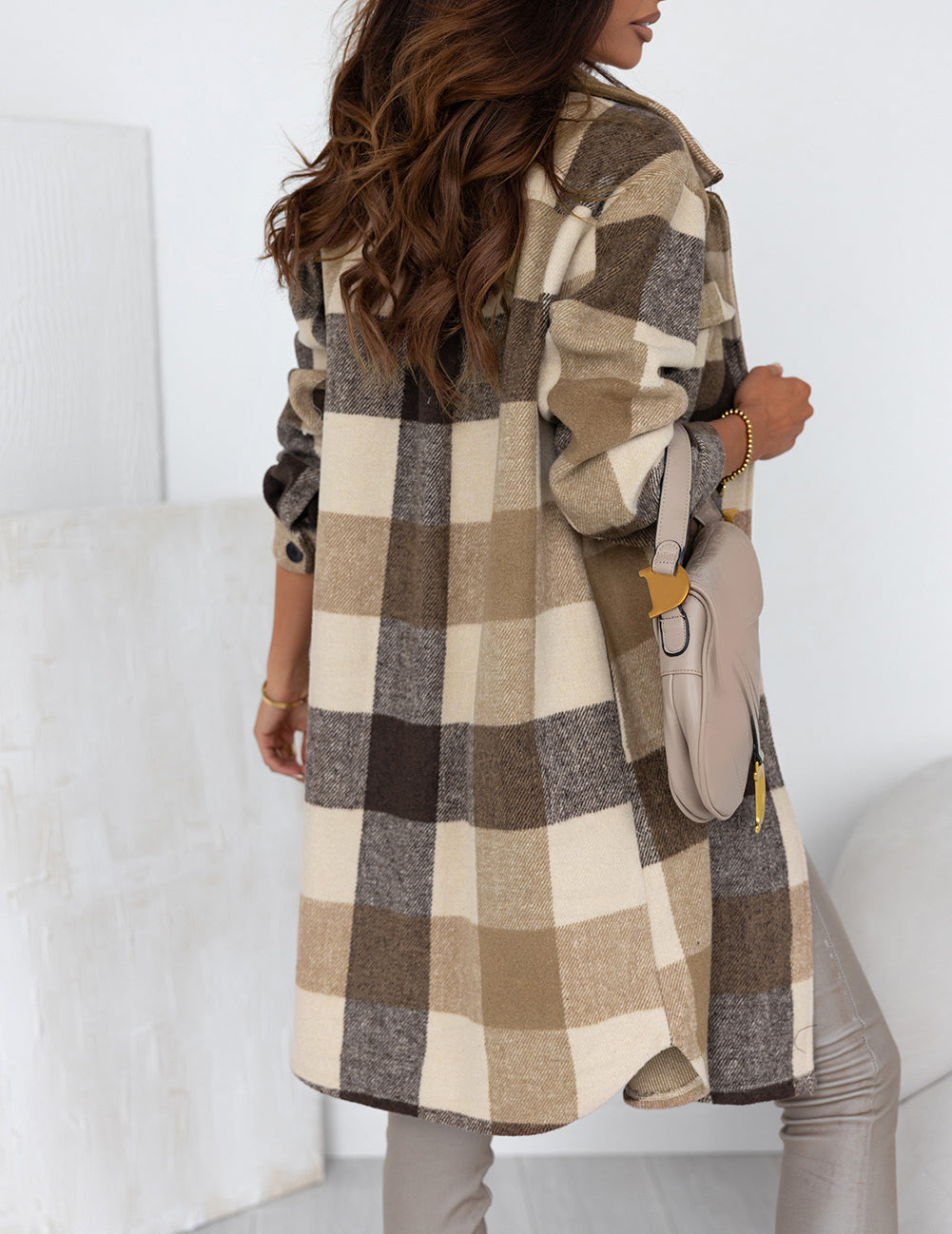 Tan Plaid Button-Down Flap Pocket Long Shacket