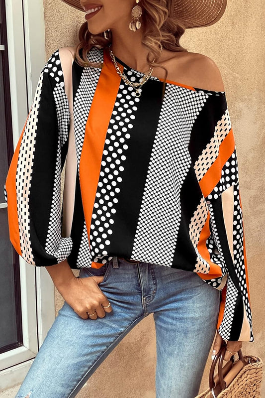 Polka Dot Vertical Striped Printed Puff Sleeve Blouse