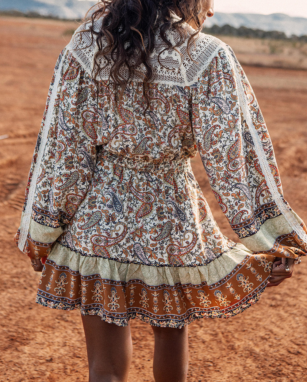 Lace Splicing Split Neck Paisley Ruffle Mini Dress