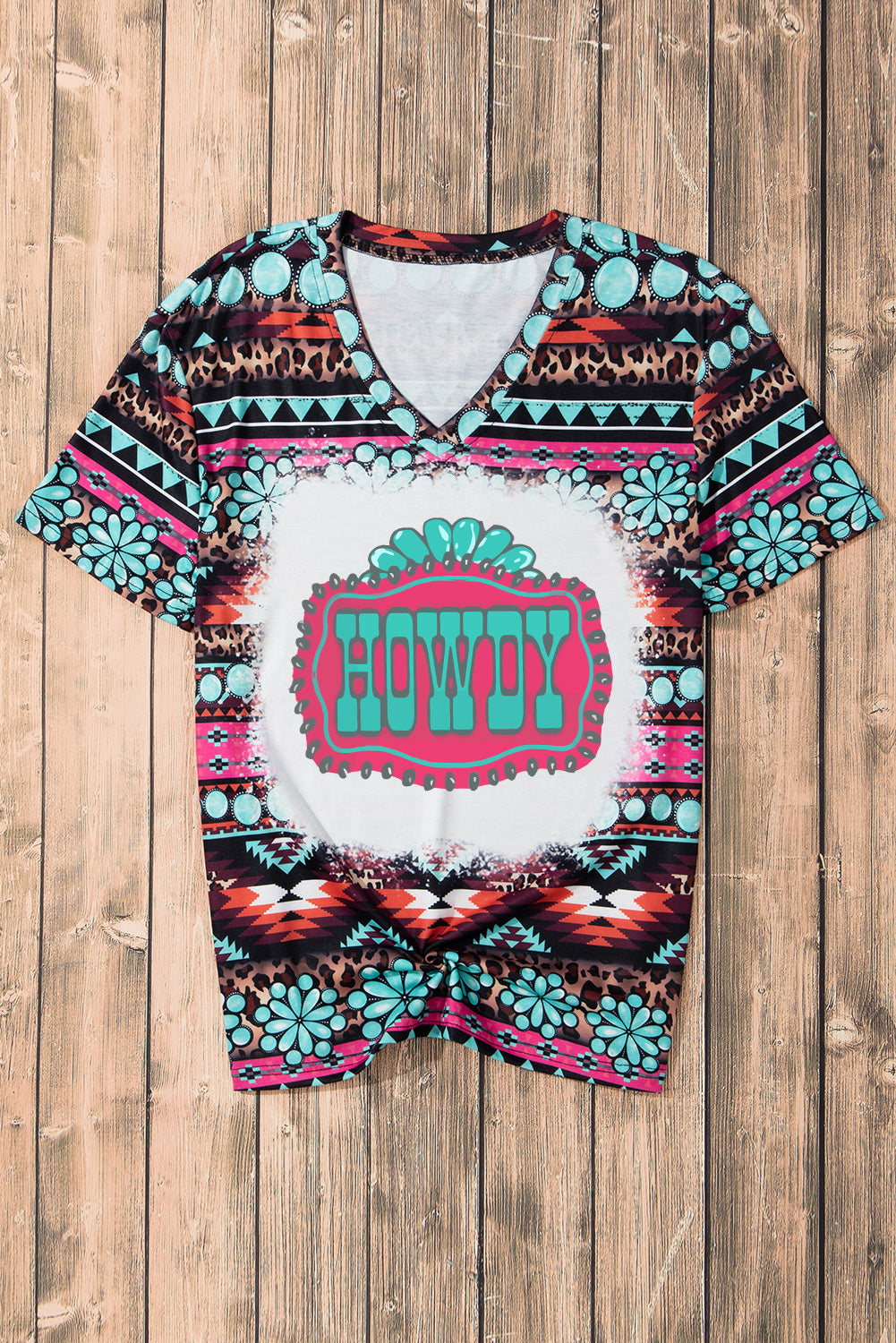 Turquoise Aztec HOWDY Graphic V Neck T Shirt
